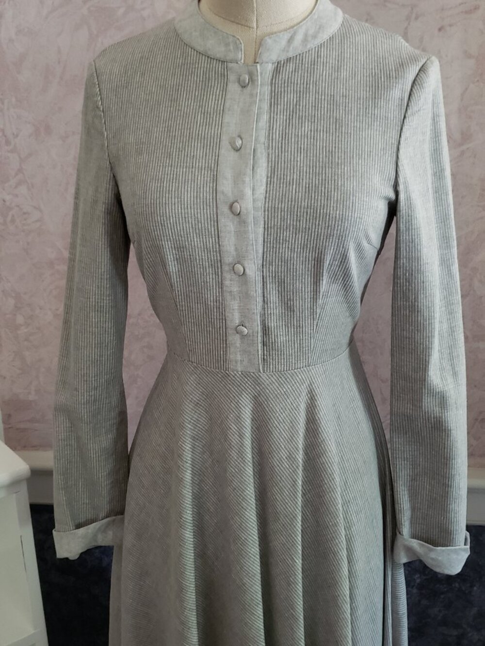 Vintage cottagecore gray striped long sleeve dress XS/S - Picture 2 of 11
